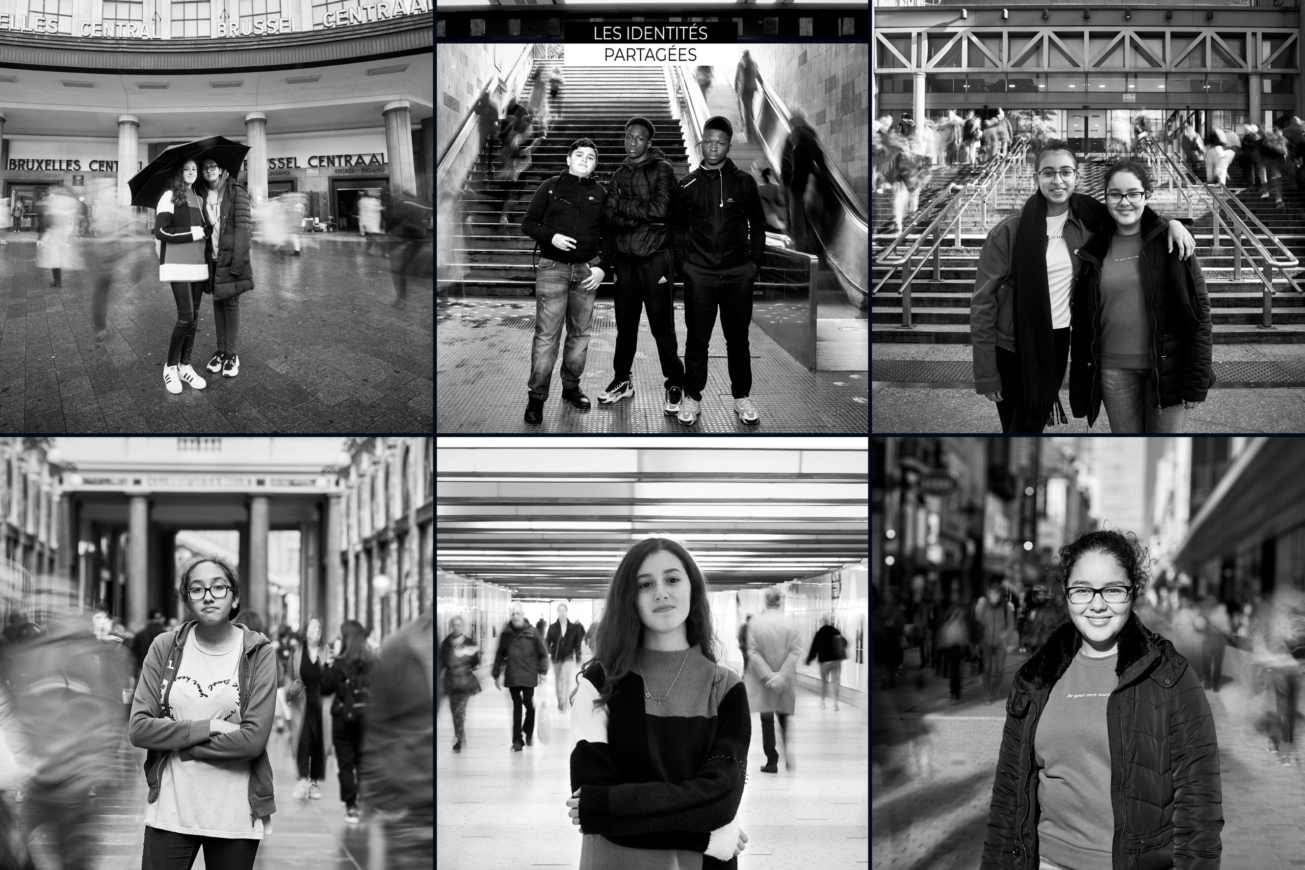 Photomontage noir et blanc de jeunes adolescents dans différents lieux de Bruxelles